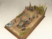 Plastic models of a Scammell Pioneer artillery tractor and a howitzer on a narrow road in an Italy 1943 WWII diorama - photo No. 2 - top view