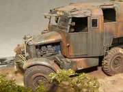 Plastic models of a Scammell Pioneer artillery tractor and a howitzer on a narrow road in an Italy 1943 WWII diorama - photo No. 6 - close-up