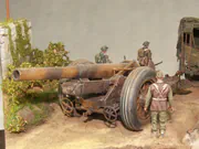 Plastic models of a Scammell Pioneer artillery tractor and a howitzer on a narrow road in an Italy 1943 WWII diorama - photo No. 11 - close-up