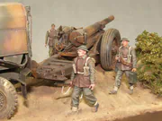 Plastic models of a Scammell Pioneer artillery tractor and a howitzer on a narrow road in an Italy 1943 WWII diorama - photo No. 13 - close-up