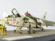 Plastic model of the American single-seat F-8E Crusader carrier-based fighter aircraft assembled on a 1:72 scale. The model represents the F-8E aircraft from times of the Vietnam War.